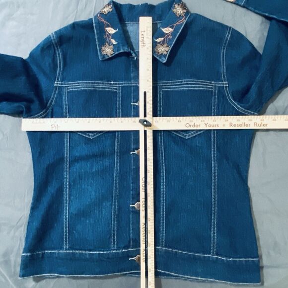 Vintage Y2k Jean Jacket Blazer Embroidered Denim Size XL 12 Fall Floral Trucker - Picture 6 of 11